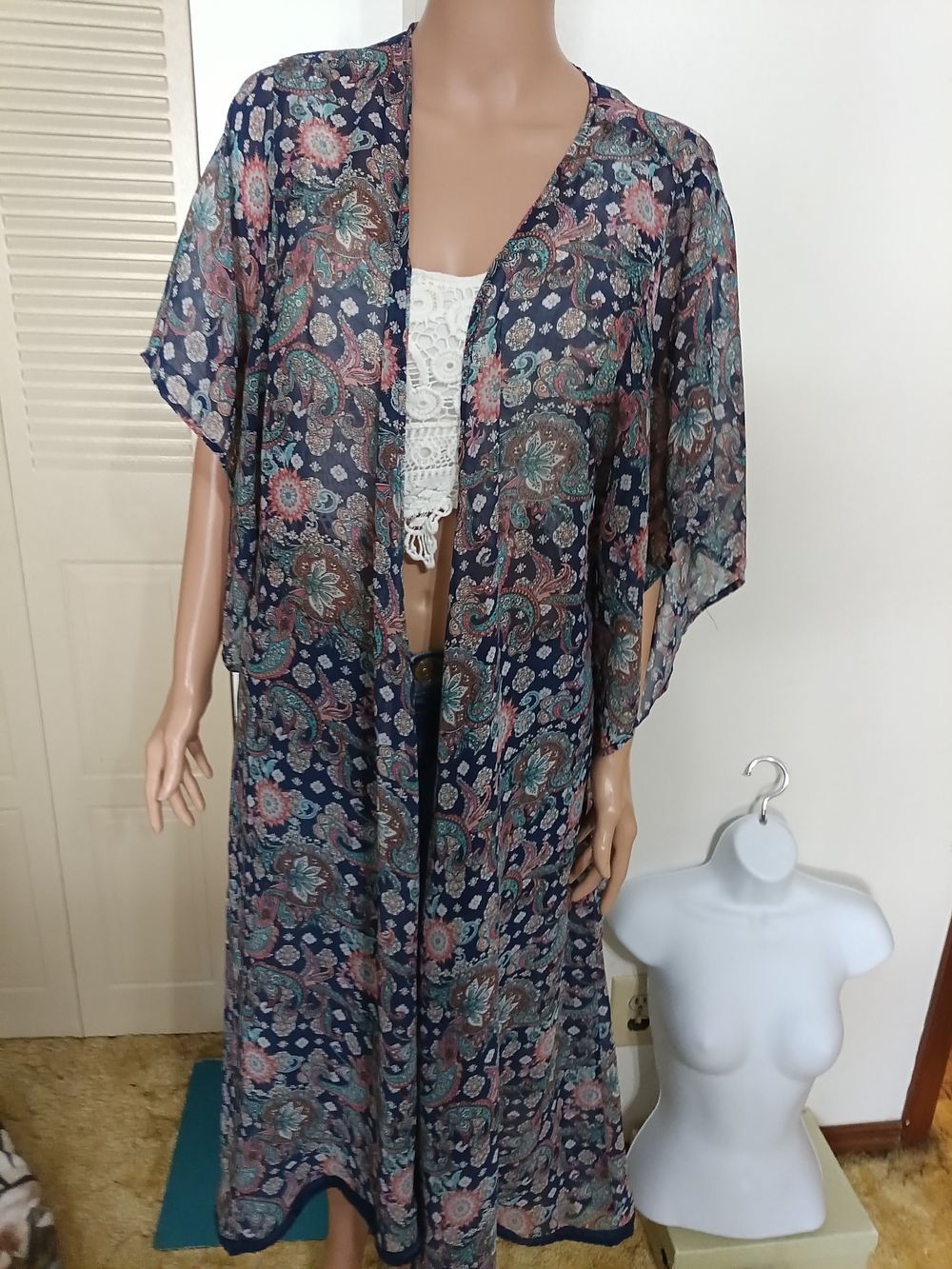 Sheer Paisley Kimono Duster - Navy Multi